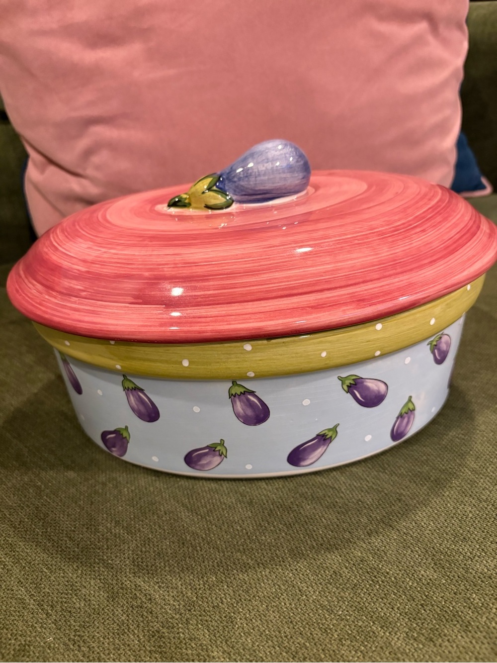 Bois D’Arc Hand-Painted Eggplant Ceramic Covered Casserole Dish - Pink Lid
